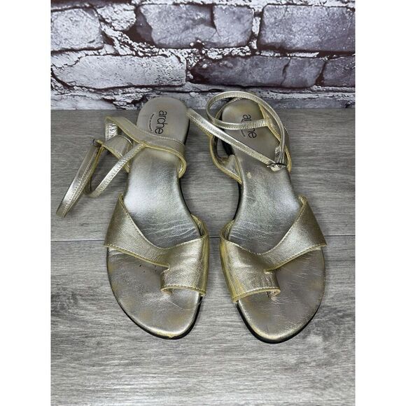 ARCHE France Gold Leather Strappy Wedge Toe Post Sandals Women Sz 41EU/10.5M US - Picture 13 of 16